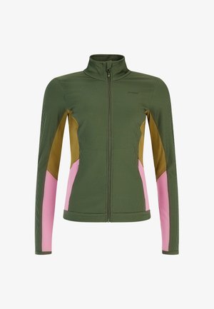 Groene ritsslabberjack met hoge kraag, voorzien van roze en bruine kleurblokpanelen op de mouwen en zijkanten, ribbelstructuur.