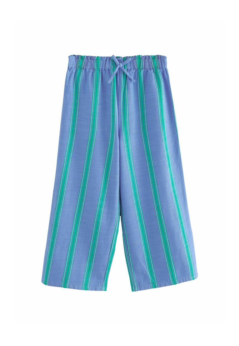 Blårandiga shorts med gröna ränder, gjorda av ett lättviktigt material. Har en elastisk midja med dragsko för justerbar passform.