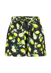 Zwarte shorts met een citroen- en bloemenpatroon, voorzien van een elastische tailleband met trekkoord en een losse fit. Gemaakt van lichtgewicht stof.