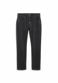 Zwarte slim-fit jeans met vijf zakken, riemlussen en knoopsluiting, plat liggend op een witte achtergrond.