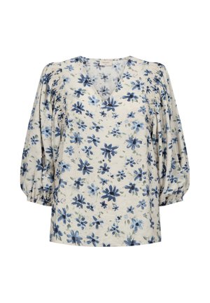 Crèmewitte blouse met blauwe bloemenprint, V-hals, opgeblazen driekwartmouwen en plooitjes op de schouders.