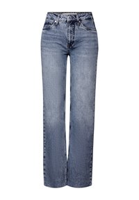Jeans de mezclilla de color azul claro con una cintura alta, diseño de pierna ancha y un ligero desvanecimiento. Cuenta con cinco bolsillos y trabillas para el cinturón.