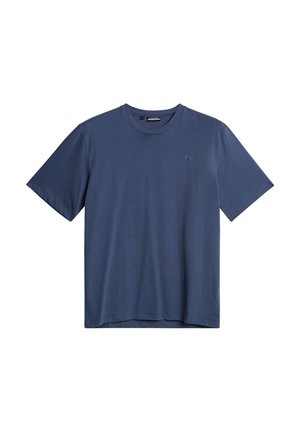 Laivansiniset puuvillahihaton t-paita, jossa on lyhyet hihat, pyöreä kaula-aukko ja pieni logo vasemmassa rinnassa. Sujuva rakenne ja normaali istuvuus.