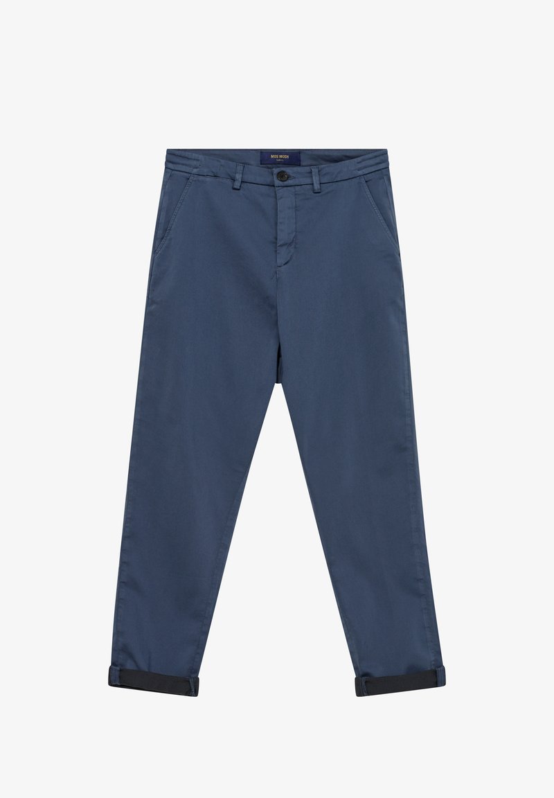 Herre marineblå, tilspidsede bukser med sidelommer, bæltestropper, knaplukning og opkørte manschetter.