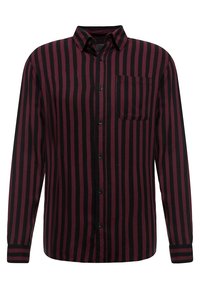 Button-up shirt with long sleeves, featuring vertical black and burgundy stripes. Made of soft fabric, includes a single chest pocket.