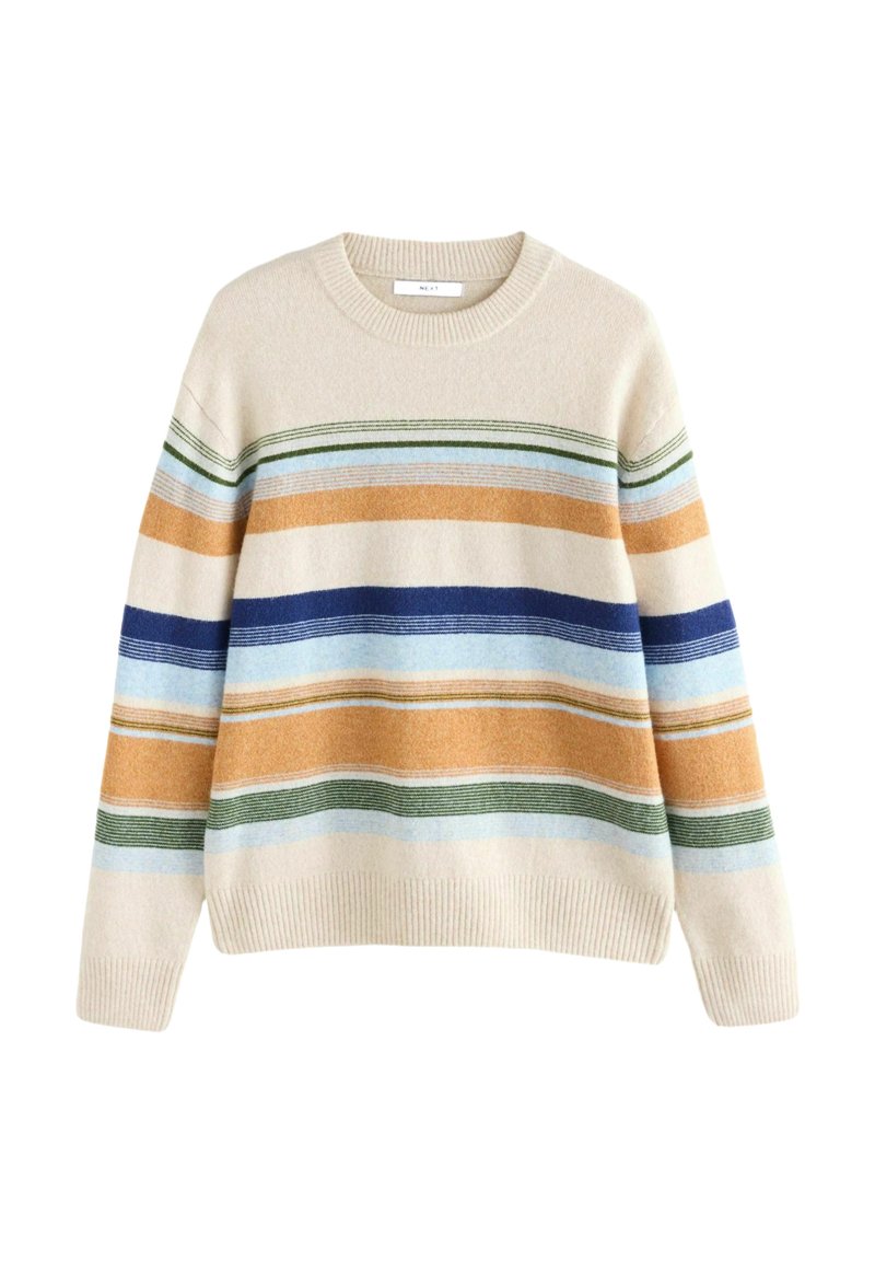 Beige pulóver, sokszínű, vízszintes csíkokkal kékkel, zölddel, narancssárgával és világoskékkel; bordázott mandzsetták és szegély; kerek nyakkivágás.