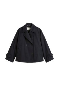 Marineblauer doppelt knöpfbarer Trenchcoat aus leichtem Stoff, mit einem Reverskragen, langen Ärmeln und geknöpften Manschetten.