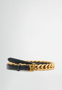 Curea din piele neagră cu un detaliu de lanț auriu masiv. Are un finisaj texturat, o cataramă metalică și un design elegant. Ideală pentru a adăuga contrast.