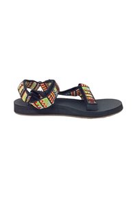 Sandali neri con cinturini a fantasia colorata. Suola spessa e textures, con chiusure regolabili a strappo. Progettati per comfort e uso informale.