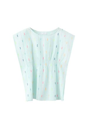 Blusa smanicata azzurro chiaro con scollo rotondo, vita arricciata e motivo verticale ricamato con piccoli puntini multicolore.