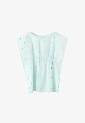 Light blue sleeveless blouse with round neck, gathered waist, and vertical multicolored small dot embroidery pattern.