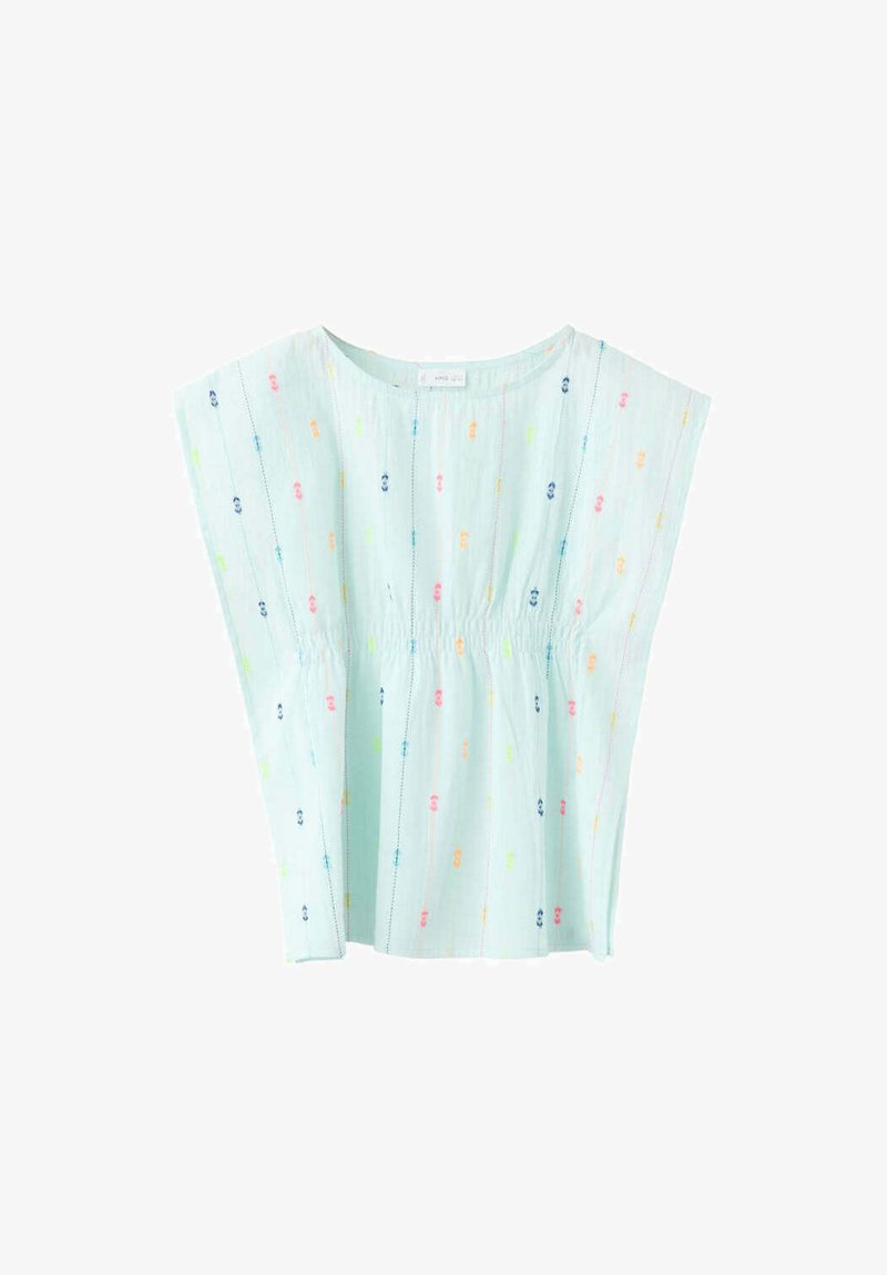 Blouse sans manches bleu clair avec encolure ronde, taille froncée et motif vertical brodé de petits points multicolores.