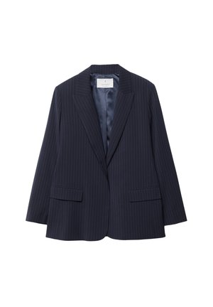 Marineblauwe gestreepte blazer met twee voorzakken, notch revers en zonder knopen. Gladde satijnen voering en gestructureerd schouderontwerp.
