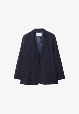 Marineblå stribet blazer med to forlommer, notcheskærm og knapfri design. Glat satinforet og struktureret skulderdesign.