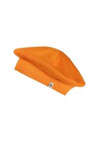 Orange knitted beret with ribbed band and small fabric tag on side, shown against white background.