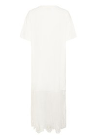 Robe midi blanche à manches courtes avec le haut uni et un panneau en dentelle transparente à l'ourlet inférieur.