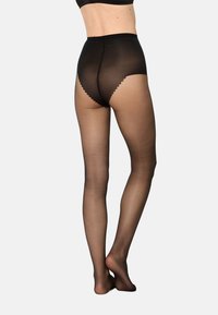 Sorte højtaljede strømpebukser med en gennemsigtig finish og bølget kant, der har en glat tekstur og en tætsiddende pasform.