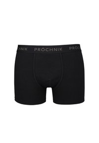 Czarne bokserki wykonane z miękkiego materiału, z dopasowanym fasonem oraz elastycznym pasem z logo "PRÓCHNIK" w kolorze szarym.