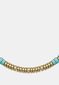 Collana di perle turchesi e dorate con perle dorate cilindriche e texture, alternate a morbidi accenti turchesi.