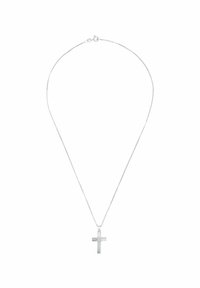 Silverfärgad kedja med ett polerat korspendel. Kedjan är fin och korset har en stilren, minimalistisk design.