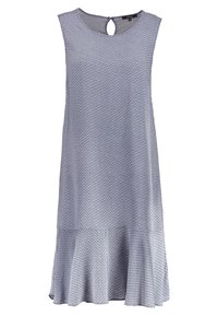Bez rukávů, modré šaty s vzorem a rozšířeným lemem, s detaily ve tvaru klíče na zádech. Vyrobeno z lehké, strukturované látky.