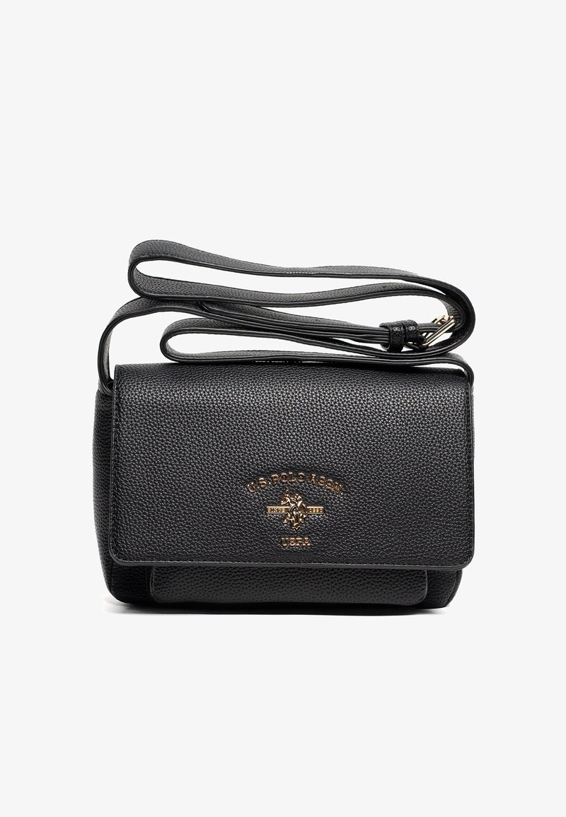 Czarna skórzana torba na ramię o fakturowanej powierzchni, z magnetycznym klapą, złotymi akcentami logo oraz regulowanym paskiem.