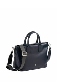 Marineblaue Lederhandtasche mit zwei oberen Griffen und abnehmbarem grauen Schultergurt. Sie zeichnet sich durch ein schlankes Design, sichtbare Nähte und ein Logodetail aus.