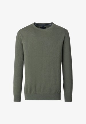 Olivenfarbener Strickpullover mit Rundhalsausschnitt und langen Ärmeln. Verfügt über einen gerippten Saum und Bündchen, hergestellt aus einem weichen, strukturierten Stoff.