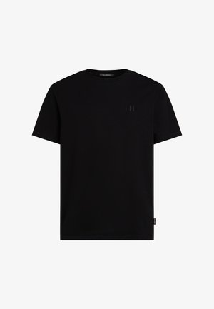 Fekete pamut póló kerek nyakkivágással, rövid ujjakkal és egy apró, azonos színű logóval a mellkason. Egyszerű, klasszikus dizájn.