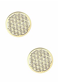 Sottobicchieri in metallo dorato con intricatissimi motivi geometrici intagliati. Forma rotonda con bordi lisci, caratterizzati da un design decorativo sulla superficie.