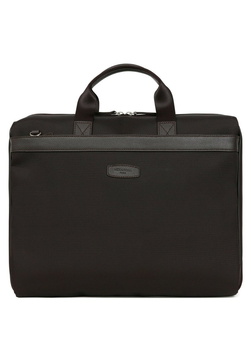 Black laptop bag made of textured nylon with a smooth leather accent. Features top handles and front zipper pocket for storage.