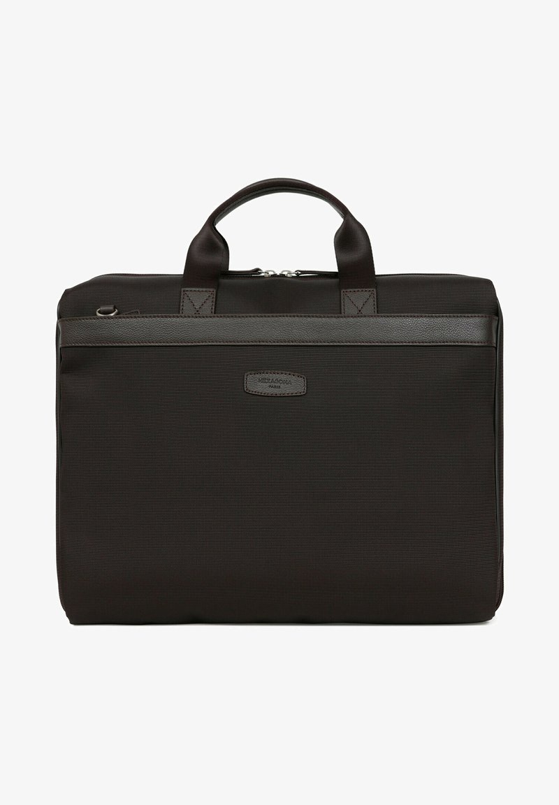 Black laptop bag made of textured nylon with a smooth leather accent. Features top handles and front zipper pocket for storage.