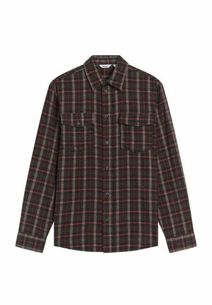 Chemise flanelle à carreaux dans des couleurs sombres, avec deux poches poitrine, fermeture à boutons, et manches longues avec poignets à boutons. Tissu texturé.