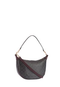 Brązowa torebka w kratę z złotymi elementami, krótkim górnym uchwytem oraz odpinanym paskiem na ramię dla większej wszechstronności.