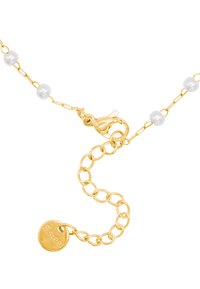 Collana in oro con perle bianche. Presenta un gancio a molla e una lunghezza regolabile con un'etichetta etichettata "S.steel."