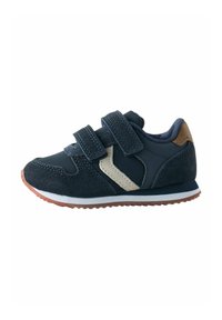 Navy blue children’s sneaker with two Velcro straps, beige side detail, brown heel patch, white midsole, and brown rubber sole.