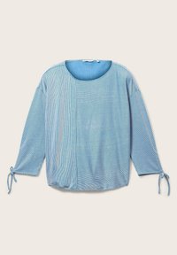 Top blu a righe con scollatura rotonda e maniche a tre quarti, caratterizzato da lacci arricciati sui polsini e un tessuto morbido e testurizzato.