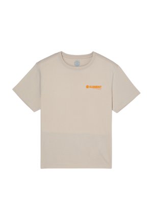T-shirt beige à manches courtes avec un petit logo orange "Element" sur la poitrine gauche, col rond et design simple.