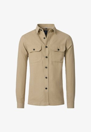 Beige Langarmhemd aus strukturiertem Stoff. Verfügt über zwei Brusttaschen, schwarze Knöpfe und ein klassisches Kragen-Design.