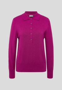 Long-sleeve polo sweater in vibrant magenta, featuring a classic collar, five button placket, and ribbed hem and cuffs. Soft knit fabric.