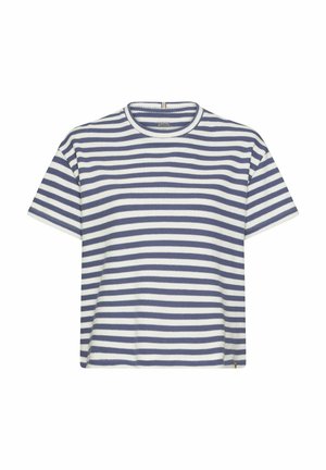 T-shirt en tricot à manches courtes avec des rayures zigzag horizontales bleu marine et blanches, et un col rond.