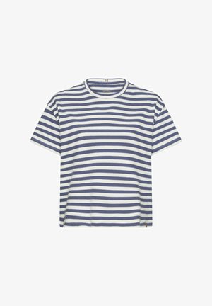 Krótki rękaw, dzianinowy t-shirt z poziomymi, granatowo-białymi zygzakowatymi paskami i okrągłym dekoltem.