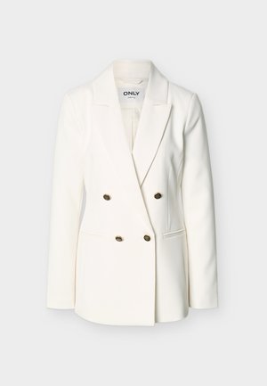 Blazer bianco doppiopetto con bottoni dorati, rever a intaglio, maniche lunghe e due tasche frontali, mostrato su sfondo chiaro.