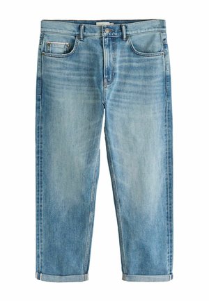 Light blue denim jeans with faded details, five pockets, button and zipper closure, and rolled-up cuffs.