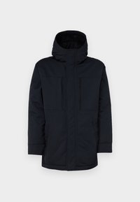 Padded black coat with a high collar and adjustable hood. Features two front pockets and a straight hem for a structured look.