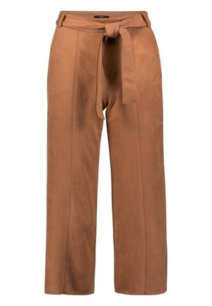 Brown, wide-leg pants made of soft, textured fabric with a matching tie at the waist and prominent side seams.