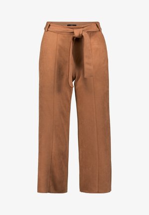 Braune, weit geschnittene Hosen aus weichem, strukturiertem Stoff mit einem passenden Bindegürtel in der Taille und auffälligen Seitennähten.
