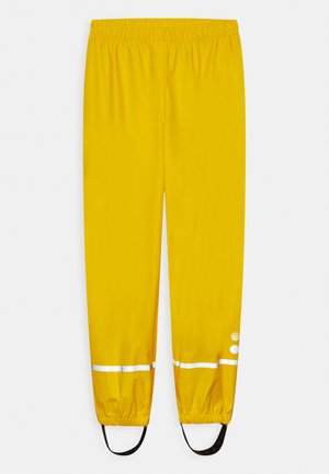 Yellow waterproof pants with an elastic waistband, reflective white stripes, and black elastic foot straps. Smooth texture, straight leg design.