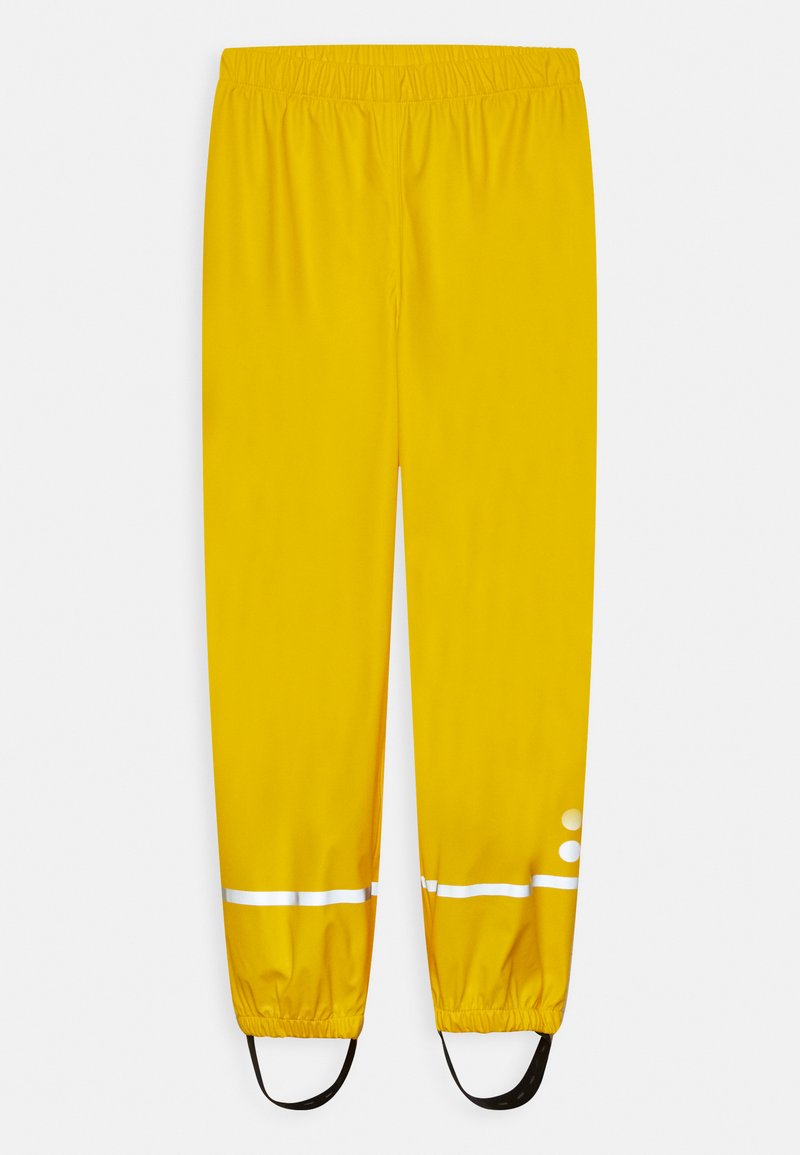 Gule vanntette bukser med elastisk midjebånd, reflekterende hvite striper og svarte elastiske fothale. Glatt tekstur, rett ben-design.
