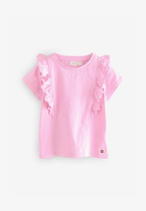 Rausvaskaitė trumpomis rankovėmis marškinėliai su raukiniais ant pečių, minkšta tekstūra ir maža logotipo detalė ant mažo krašto.